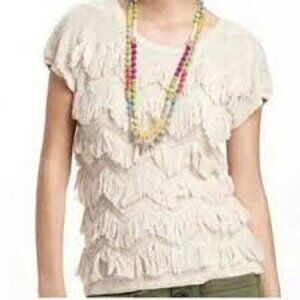Anthropologie Yellow Bird Short Sleeve Fringe Sweater - Wool Blend Office Siren